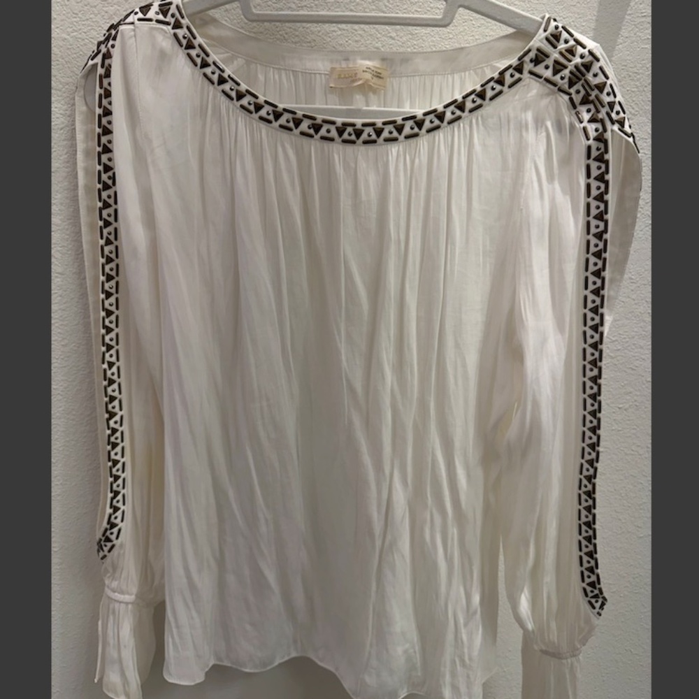Ramy Brook White Silk Slit Long Sleeve Blouse with Bronze Detailing